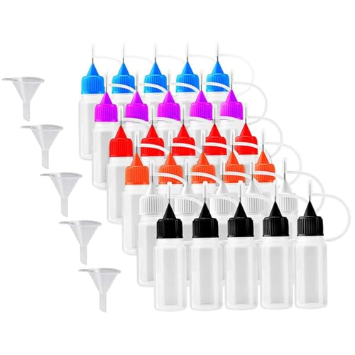 30Pcs Needle Tip Squeeze Bottle, 10ml Precision Tip Applicator Bottle with 5 Pcs Mini Funnel, Plastic Glue Bottles with Leakproof Lid for Liquids Oil Glue Glaze Paint