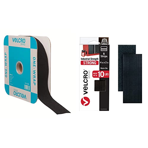 VELCRO Brand ONE-WRAP Double Sided Roll | 45 Ft x 1-1/2 in, Black (91881) & Heavy Duty Fasteners | 4x2 Inch Strips with Adhesive 8 Sets | Holds 10 lbs