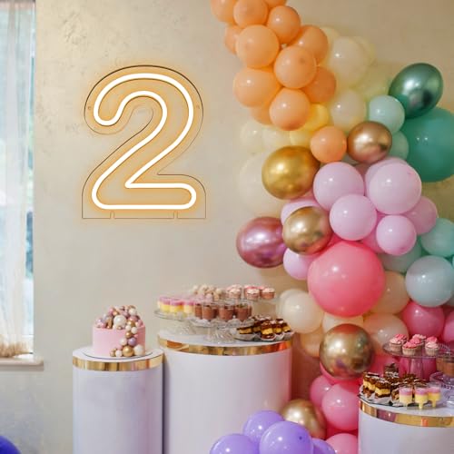 Image of Number 2 LED Neon Sign Backdrop Birthday Party Decoration, 11.3 inch Height Warm White Marquee Number Two Light Up Sign for Wedding Anniversary Window Wall Table, Indoor Battery Operated or USB