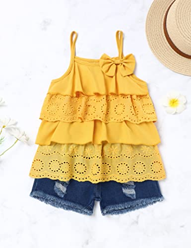 Hipea Toddler Girl Clothes Summer OutfitsSleeveless Yellow Tops and Jeans Shorts 2Pcs Grils Clothing Set 3T Girl Clothes