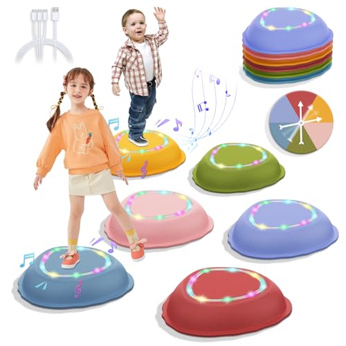Ueuttiy Stepping Stones for Kids - 6 Stackable Balance Sensory Stones with Lights & Music Non-Slip Indoor & Outdoor Garden Toys - Durable Play Equipment/Obstacle Courses Gift for Toddlers Age 3-5