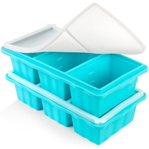Homagical 2 Pack Silicone Freezer Tray for Soup Ice Cubes 1-Cup Soup Freezer Molds with Lid for Meal Prep Makes 6 1-Cup Soup Portion Freeze Trays for Storing 250mL/125mL Broth Leftovers and Sauce