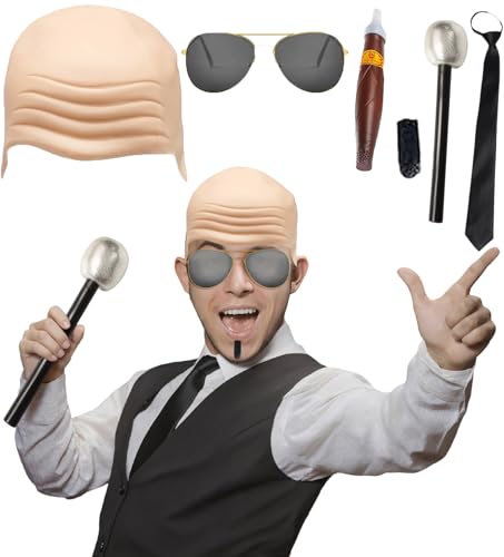 Accessoires d'Halloween Ensemble pour adulte - Casquette nue adulte Microphone cravate noire Halloween Prop Moustache, accessoire de déguisement pour homme pour cosplay de musique