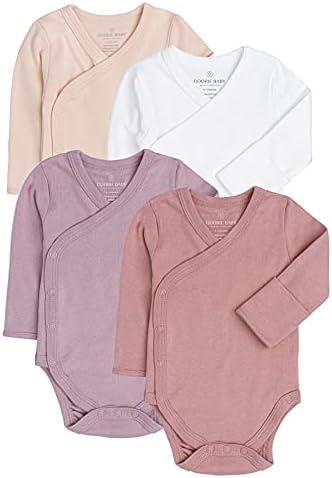 Baby Side Snap Bodysuit Set, 100% Cotton Boy Girl Unisex Kimono Onesie, 4 Pack (Pink Combo - Long Sleeve, 0-3 Months)