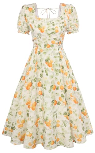 Image of Belle Poque Women's Vintage Midi Cottagecore Cocktail Dresses | Belle Poque Women's Vintage Cottage Core Dress,A-line,Midi,Square Neck,Homecoming Dress,Cocktail Dress,Sun Dress