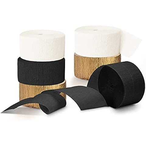 NICROHOME 6 Rolls White Gold Black Crepe Paper 82 ft Long Party Streamers for Wedding Engagement Birthday Bachelorette Party Supplies Graduation Anniversary Bride/Baby Shower New Year Black Gold Party Cover