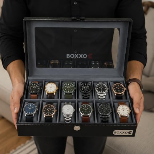 Image of BOXXO 12 Slot Watch Organizer Box for Men & Women - Premium PU Leather Watch Case, Soft Velvet Cushions & Glass Lid Display, Elegant Storage Box - 34x20x8 cm (Black /Grey, 12 slots)
