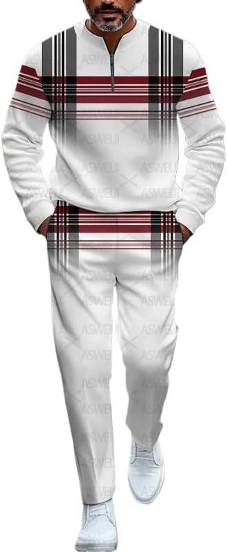 Men's street retro sportswear jogging pants two-piece set, semi-circular collar zipper printed casual set