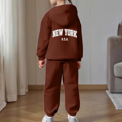 Girls Sweatsuit Set - 2 Piece New York Letter Print Graphic Pullover Hoodie Sweatshirt and Sweatpants Jogger Sets 2-13Years2