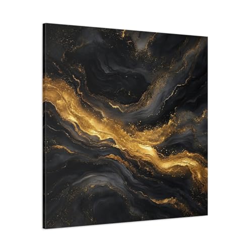 Tableau abstrait marbre noir et or 90x90 art mural carré grand format salon moderne