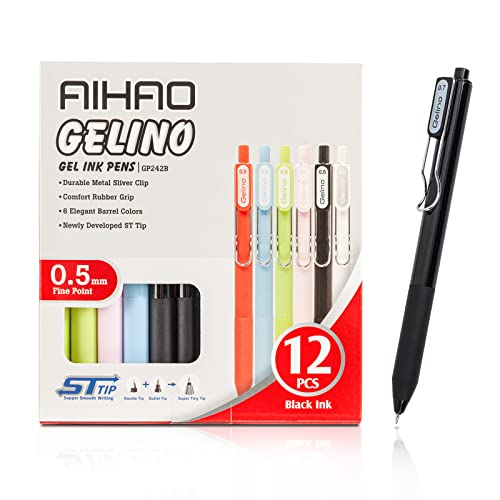 Aihao Retractable Gel Pens, Black Ink, Fine Point 0.5Mm, 12 Pack, Comfort Grip For Smooth Writing, Journaling, Note Taking, No Bleed & Smear #TOP5