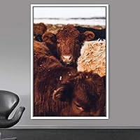 Framed Canvas Wall Art Cow Animals Expressive Farmhouse/Country Goat Living Room Multicolor Photography - 16x24 inches