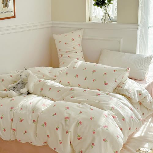 Image of Nayoroom Pink Floral Duvet Cover Twin Size Cute Tulip Printed on White Comforter Cover 2Pcs Kids Girls Kawaii Cottagecore Bedding Set with Zipper Closure Soft Breathable Microfiber