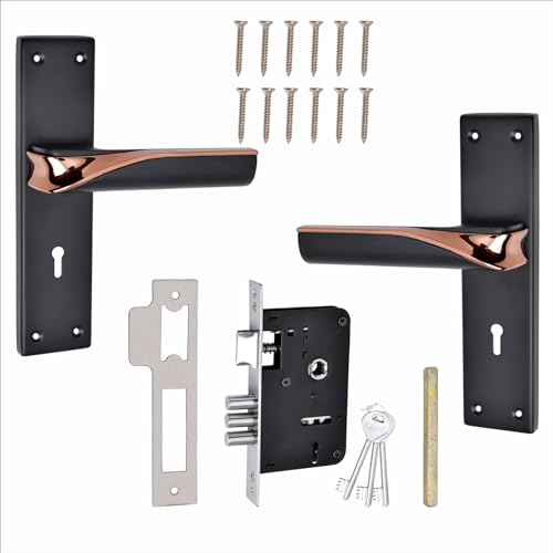 Image of Milton ZINC Mortise Lock Set with Wave Design, Black and Rose Gold Finish, 8 Inch