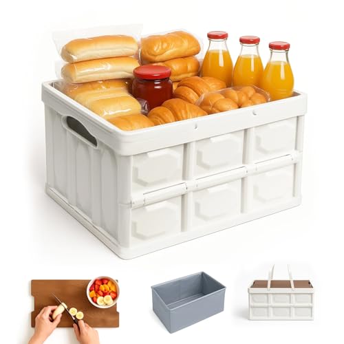 Collapsible Picnic Basket Set for 2 – Insulated Plastic Picnic Basket with Waterproof Bag & Wooden Lid, Large Capacity Stackable Storage Bin for Outdoor, Camping, Picnics, Home Organizing