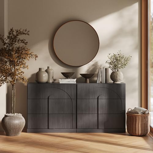 Image of BELLEZE Sideboard Cabinet with 3 Drawers, Set of 2 Modern Wood Buffet Cabinet with Arc Design, Large Fluted Sideboard with Storage for Kitchen Living Room Entryway, Ebony