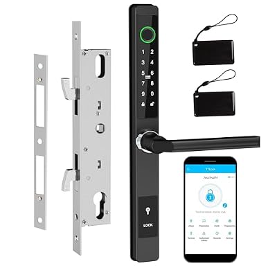Jacchozhi Slim Smart Lock for Sliding Glass Door, Waterproof Keyless Smart Mortise Lock with Hook,WiFi Bluetooth Digital Keypad Aluminum Fingerprint Door Lock with Handle(Black-L)