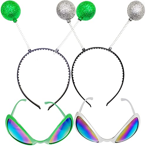 Poptrend 2 Pairs Alien Headband and Glasses, Alien Sunglasses, Glitter Green Silver Headband Boppers Antenna Headband Set, Alien Costume Party Favors Accessories for Adults and Kids (green+silver)
