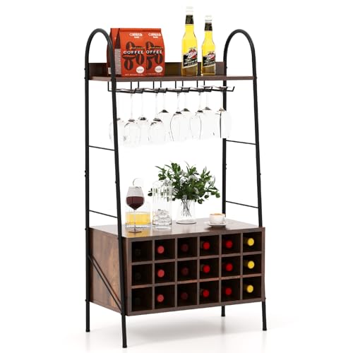 GYMAX Portabottiglie di Vino da Terra per 18 Bottiglie e 15 Calici, 63 x 32 x 114,5 cm, Cantinetta Vino, Portabottiglie Staccabile, 2 Ripiani Aperti, Scaffale Porta Vino per Casa Bar, Marrone