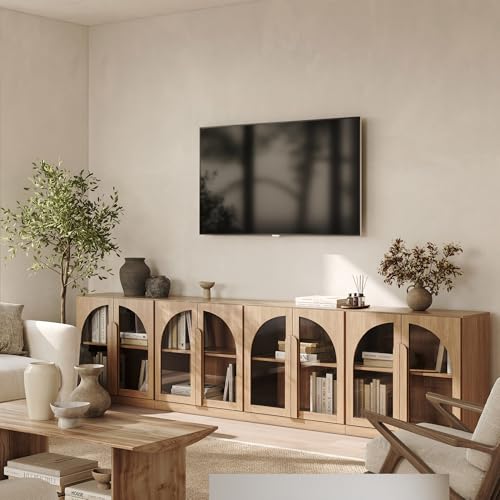 Image of BELLEZE 4-Piece Modular TV Stand Set -Modern Entertainment Center with Arched Glass Doors,Sideboards with Adjustable Shelves&Wooden Handles,Classic Media Console Table Cabinet for Living Room (Camel)
