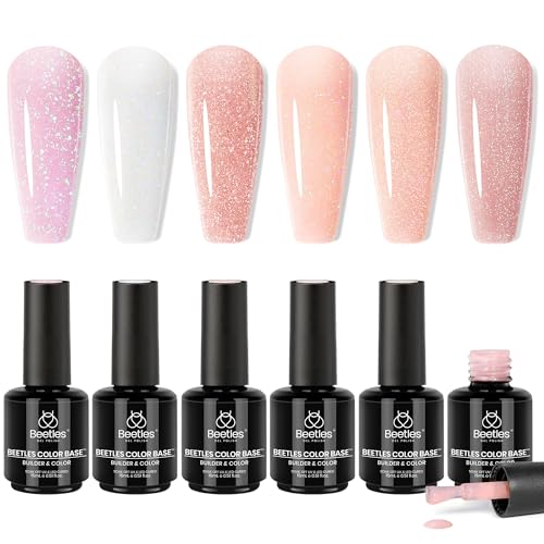Gelab cosmetics LLC Beetles Rubber Base Gel Set 6 Colors 15ml, Milky White Gel for Cloud Ombre Nails, 5 in 1 Builder Base Coat, Self Leveling Strengthening Nail Repair, UV LED Soak Off for Weak Nails