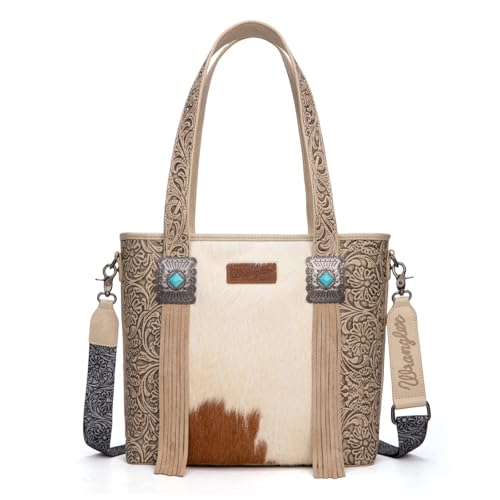 Image of Montana West Wrangler Cowhide Tote Bag for Women Western Tooling Handbag Leather Fringing with Turquoise Stone Concho