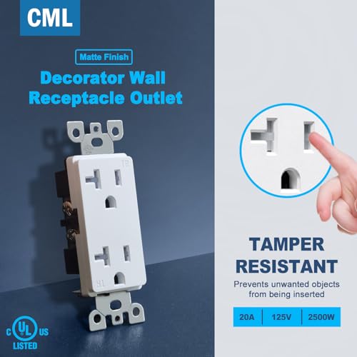 Image of CML 50 Pack 20 Amp Receptacle Outlet with Tamper Resistant (TR), UL Listed | Decorator Standard Electrical Outlets, 20A /125V, 2-Pole 3-Wire, for Home, Commercial and Electricians Use, Matte White
