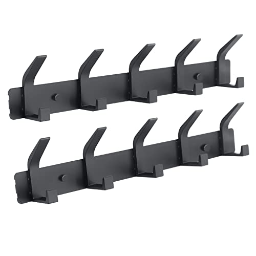 Coat Rack Wall Mounted,5 Coat Hooks for Hanging Coats,Heavy Duty Metal Double Hook Rack Hook Rail,Coat Rack with Hooks,Wall Mount Coat Hanger for Hat Towel Purse Robes ,Black,2Pack (Black2, 5 Hooks)