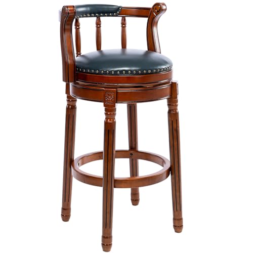 Butaco giratorio de 360 grados con respaldo, altura barra, asiento de cuero vacuno y estructura de madera, color azul oscuro (1 unidad) miniatura 1