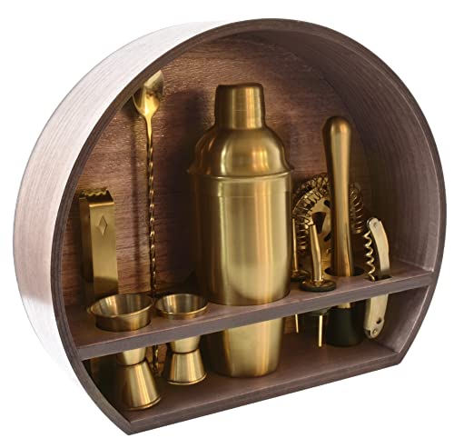 Bartender Kit: 10-Piece Stainless Steel Cocktail Shaker Set with Designed Black Wooden Stand for Home- Premium Bartending Kit for Experts and Beginners with Cocktail Recipes Booklet!