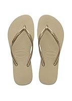 Havaianas Slim Womens Logo Metallic Thongs Sandals, 39/40 BR Size, Sand/Light Golden Metallic