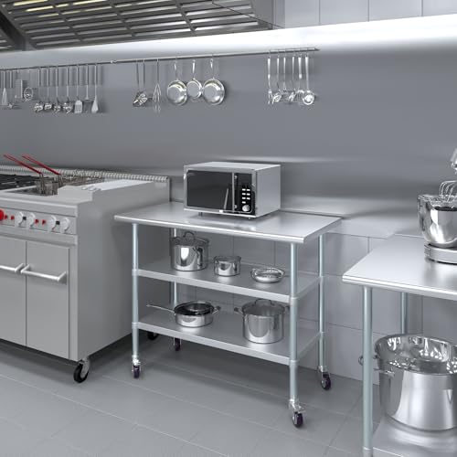 Image of AmGood Stainless Steel Work Table with 2 Shelves and Casters | Metal Utility Table On Wheels (Stainless Steel Work Table with 2 Shelves + Casters, 48 inch Long x 24 inch Deep)