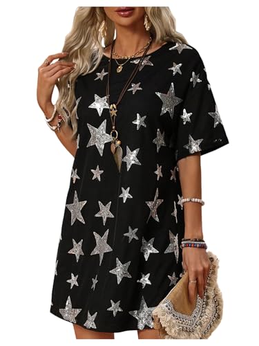 OYOANGLE Womens Sequin Star Short Sleeve T Shirt Dress Drop Shoulder Crew Neck Glitter Summer Concert Dress Black Large