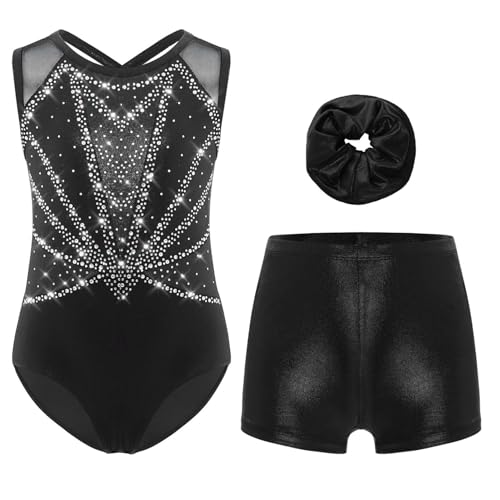 Oyolan 3 Pièces Ensemble de Gymnastique pour Fille Enfant B Noir argent 11-12 ans