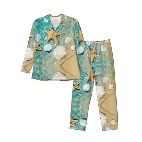 Pyjama homme imprimé festonné et étoiles de mer en coton doux à manches longues