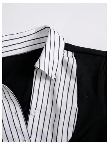 MakeMeChic Women's Fall Striped Blouse Short Sleeve 2 in 1 Collared Shirt Work Tops Teacher Outfits3