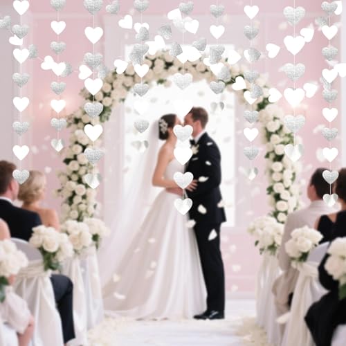 Image of Glitter-Silver White Party-Decoration Heart Garland - 39ft Birthday String Backdrop Streamer Disco Hanging Paper Banner,Graduation Engagement Wedding Bachelorette Bridal Shower Winter Christmas Decor