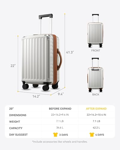 LUGGEX Carry On Luggage Sets 3 Piece, PC Expandable Hardshell Luggage with Spinner Wheels, White Brown - Thumbnail 6