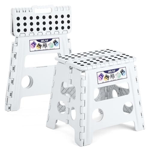 Delxo Folding Step Stool 13 Inch 2 Pack White Non-Slip Foldable Stools for Kids & Adults Up to 300 LBS Step Stool with Handle Lightweight for Kitchen/Bathroom/Bedroom/Garden