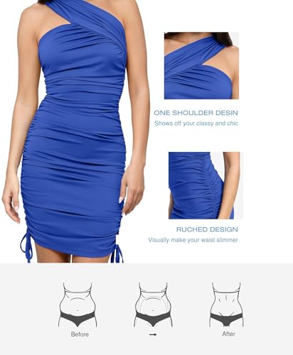Image of Popilush One Shoulder Ruched Shapewear Dress with Drawstring, Built-in Bra | Tummy Control, Cocktail Party, Formal Occasions