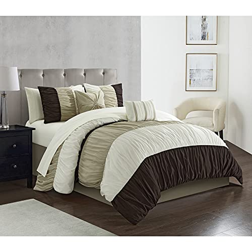 Chic Home Fay 7 Piece Comforter Set Ruched Color Block Design Bed In A Bag - Sheet Set Decorative Pillows Sham Included, Twin, Brown #TOP1