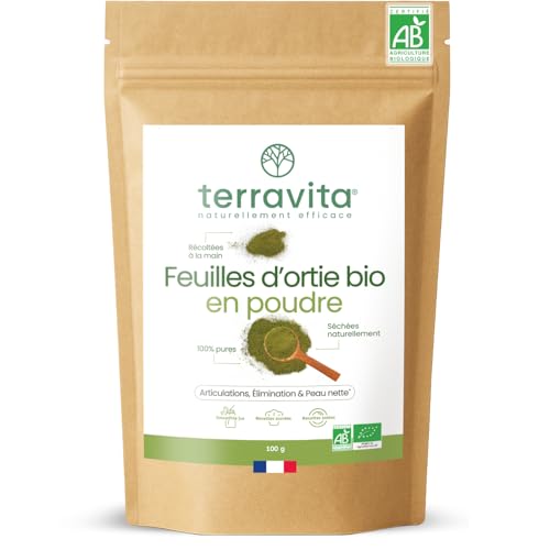 Feuilles d’Ortie Bio en Poudre | Circulation, Détox, Vitalité et Bien-être Articulaire | Riches en Silicium pour Cheveux et Ongles | 100% Pures et Séchées Lentement | 100g | Made in France | Terravita