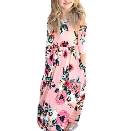 Girls Floral Maxi Dress Flower Printed 3/4 Sleeves Clothing with Pockets Summer Outfits