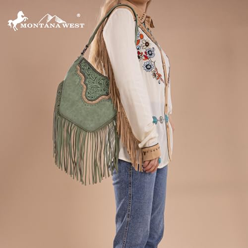 Image of Montana West Fringe Shoulder Bag for Women Western Tooled Hobo Tote Bag Purses