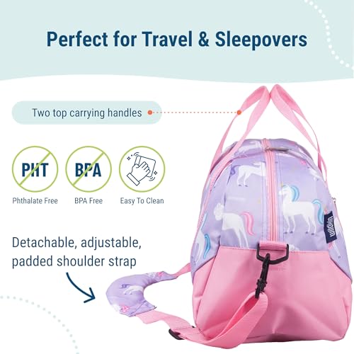 Image of Wildkin Kids Overnighter Duffel Bag - Carry-On Travel Bag for School & Sleepovers, Lightweight, Durable, Boys & Girls Ages 4-15 - Unicorn