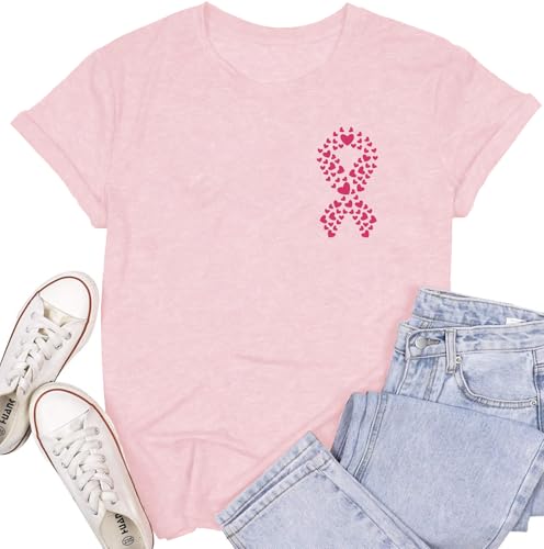 Pink Ribbon Heart Shirt for Women Breast Cancer Survivor T-Shirts Womens Breast Cancer Shirts