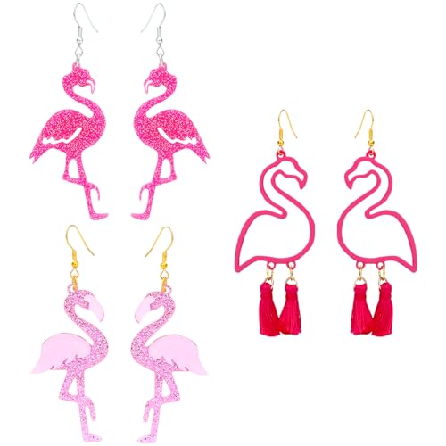 NEWITIN 3 Pairs Feather Earrings for Women Bohemian Long Tassel Dangle Earring Pink Flamingo Earring Bohemian Statement Earrings Boho Jewelry for Women