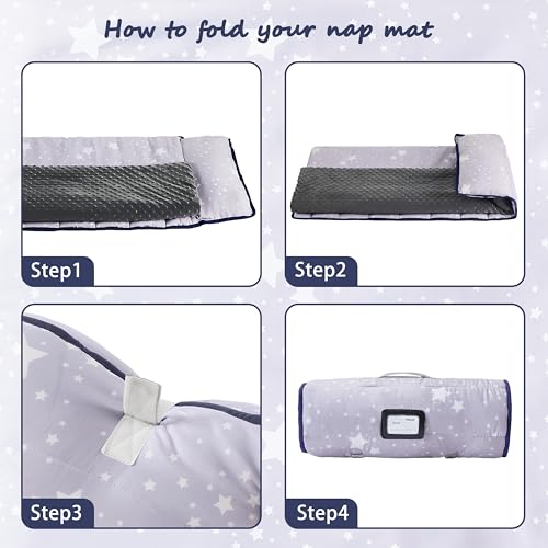 Image of MORAIS Toddler Nap Mat with Pillow and Blanket, 52 inch x 20 inch Lightweight and Soft Nap Mat for Preschool, Daycare, Travel Sleeping Bags