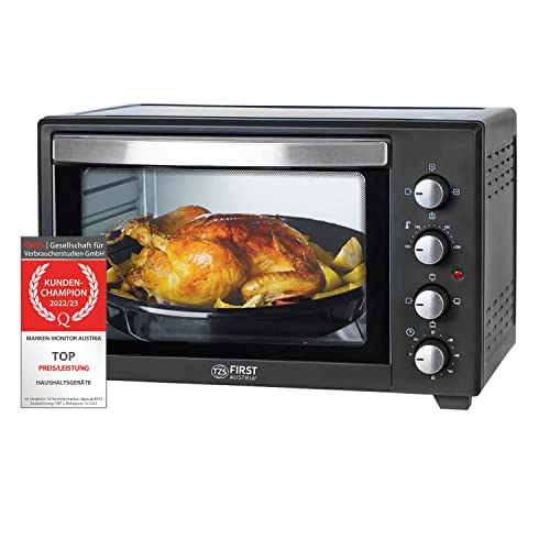 TZS First Austria Mini Oven - Mini four 60L 2000 Watt avec lumière intérieure | fonction convection | broche rotative | rôtisserie| mini four à pizza | ramasse-miettes amovible