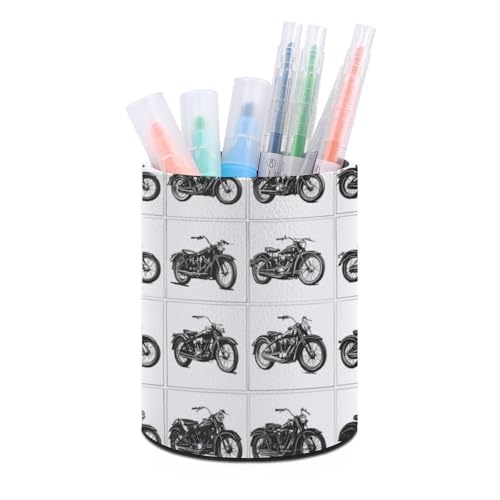 Image of Black And White Motorcycle Leather Pen Brush Holder Pencil Pots Desktop Storage Drawer Makeup Organizer for Office Desk Supplies